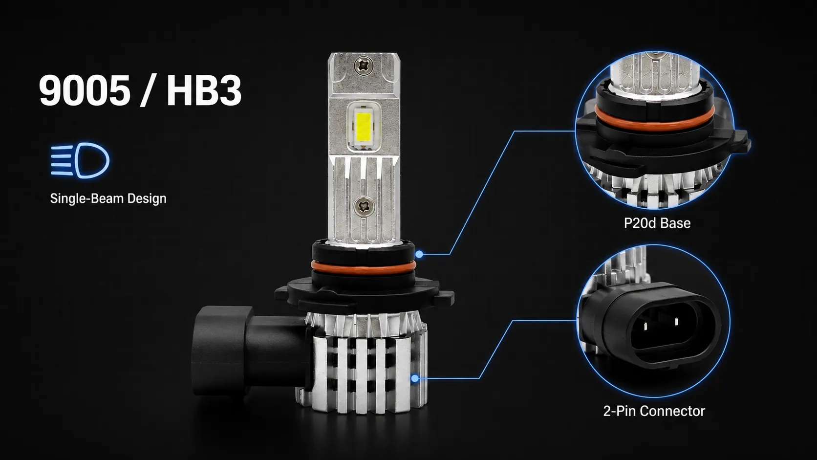 Close up of 9006 P22d LED bulb base showing locating tabs and O-ring