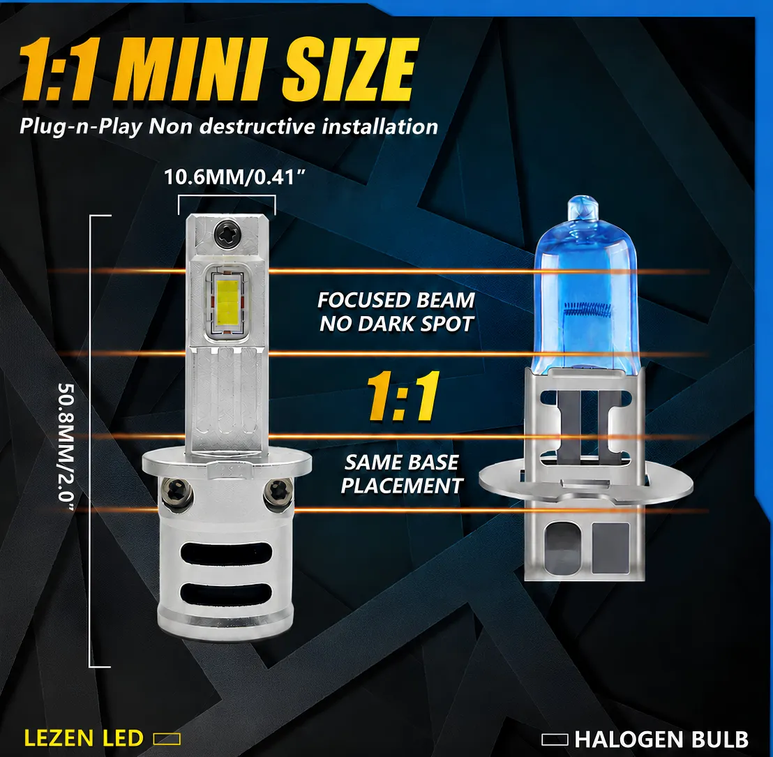 H3 LED bulb chip and halogen filament focal position comparison and wall-beam test