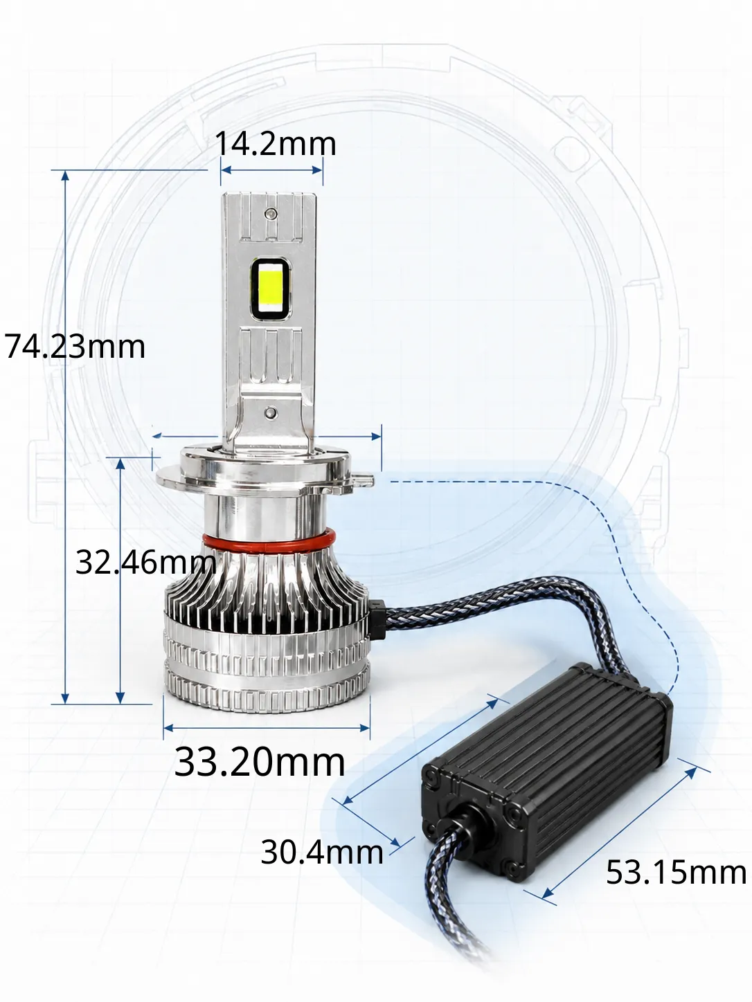 X9 LED Headlight Dimensions Drawing