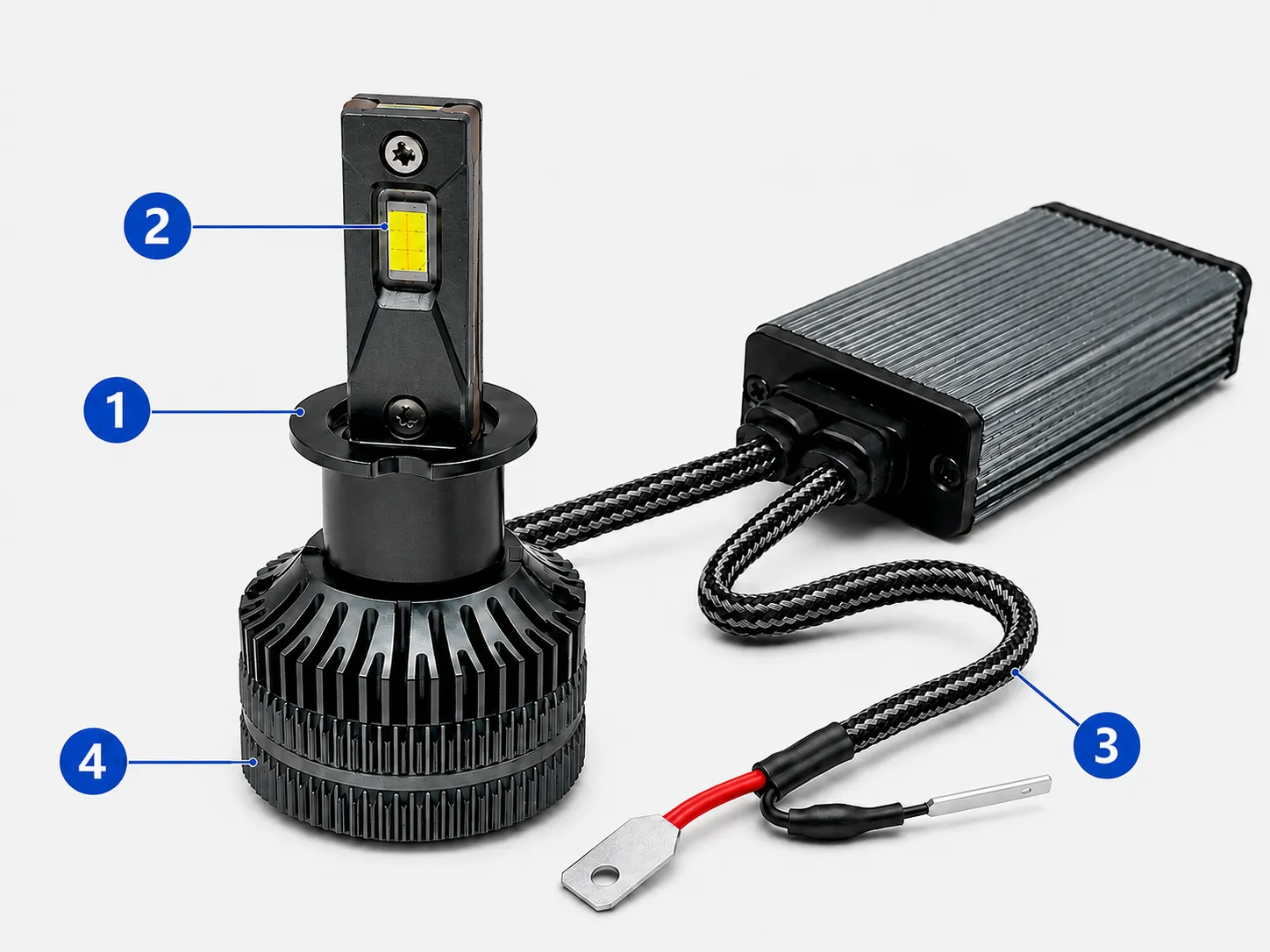 H3 PK22s LED bulb with lead wire anatomy diagram compared to halogen reference